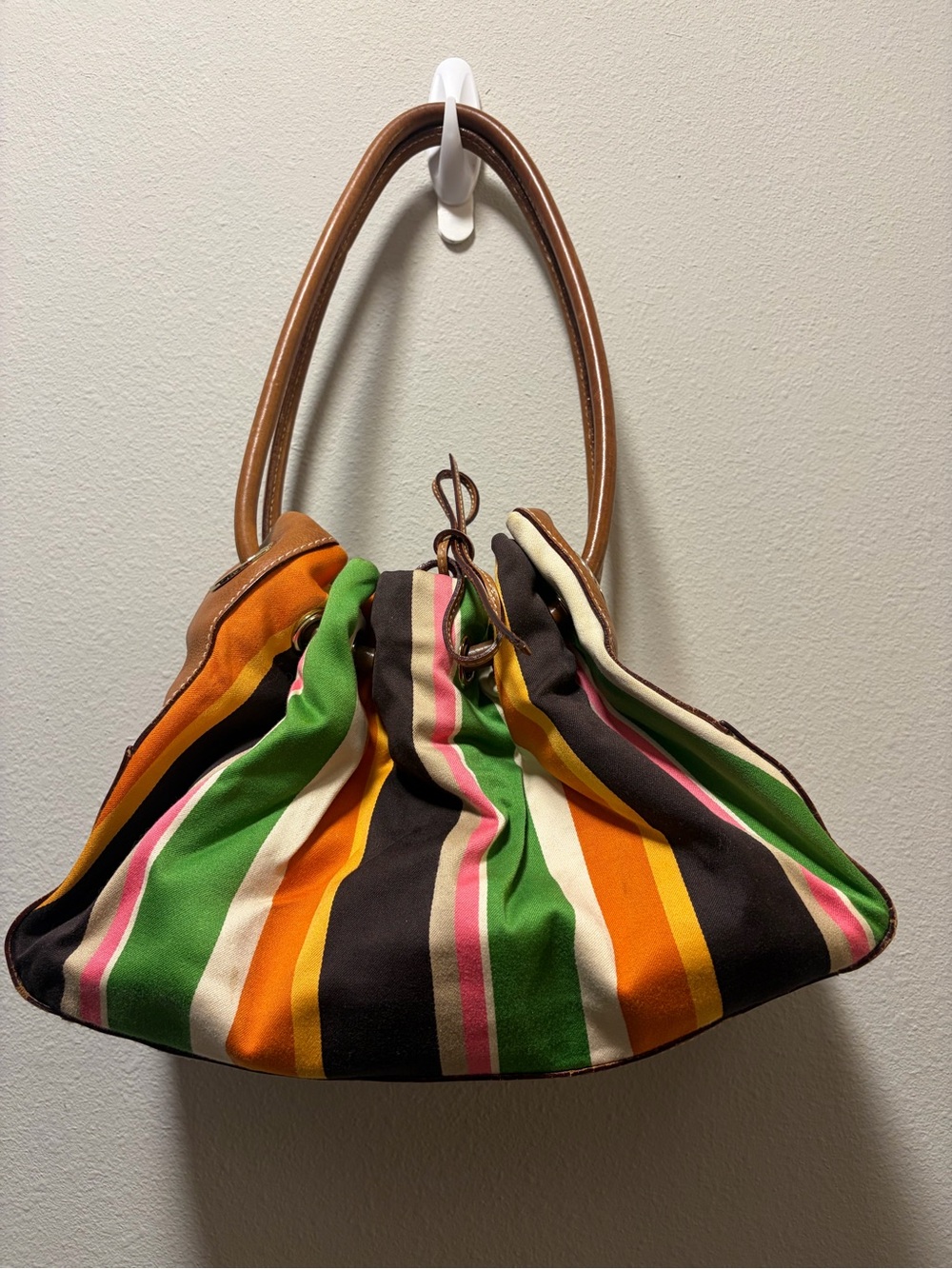 Vintage Kate Spade Marti Multi Color Striped Canvas Bucket Bag Leather Base